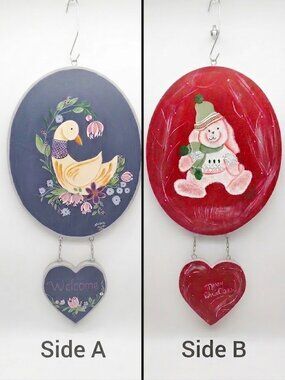Vtg 80s Reversible Wood Hanging Sign - Tole Painted, Welcome Goose, Holiday Bear